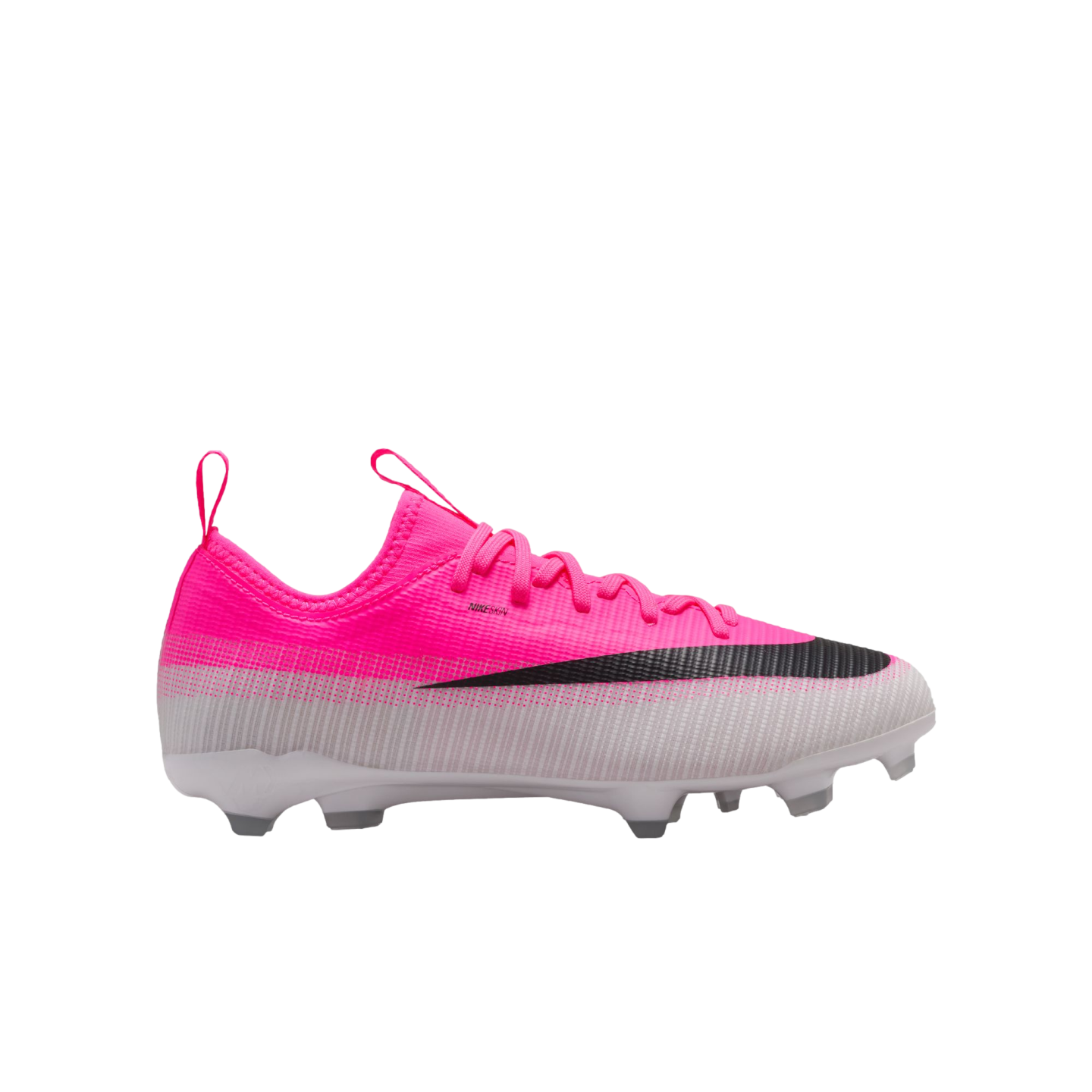 A Nike soccer cleat in a vibrant pink and light grey colorway. It features a large black swoosh across the side, pink laces, and white cleats.