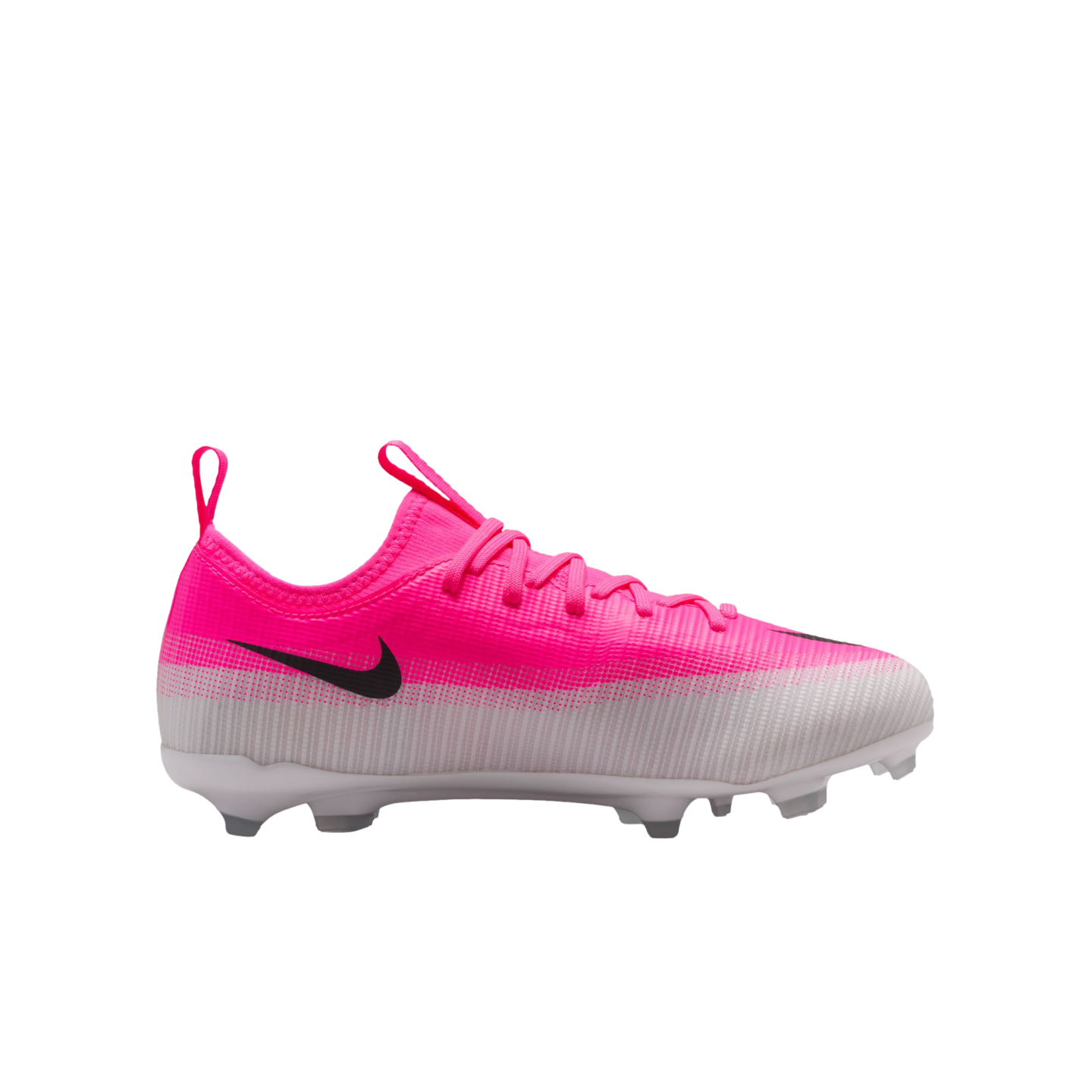 Vibrant pink and white Nike soccer cleat with a black swoosh and clear studs, shown against a plain white background.