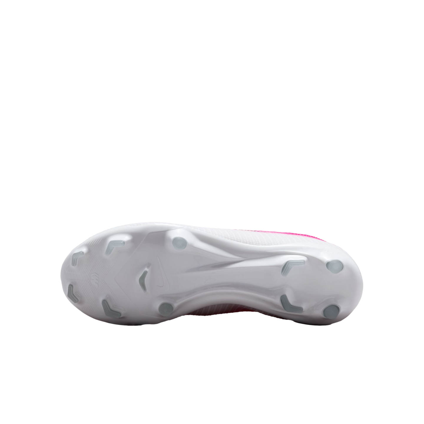 Underside view of a white Nike soccer cleat with pink accents, showing the white soleplate and translucent molded studs.
