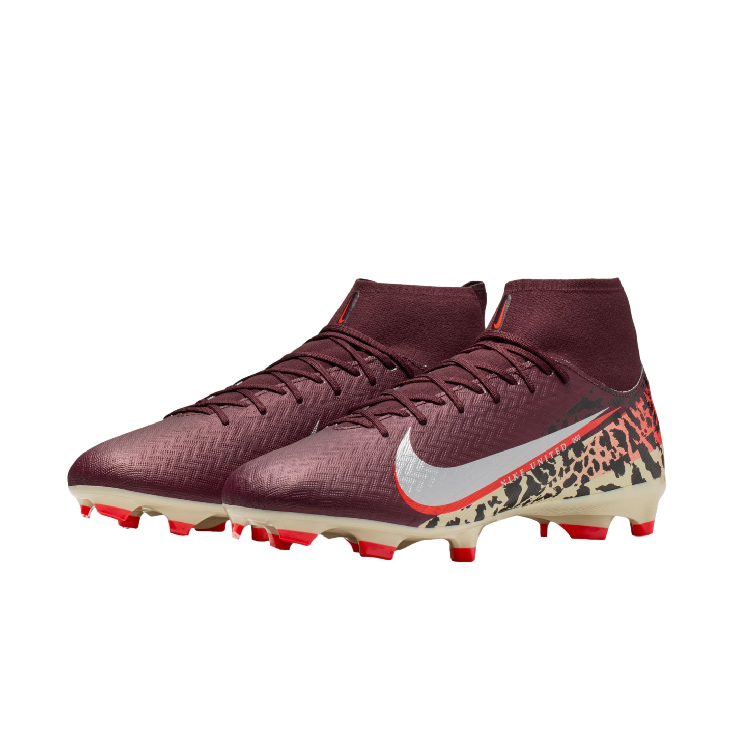 A pair of burgundy high-top Nike soccer cleats featuring a textured upper, a white swoosh with a red outline, and a bold leopard print pattern on the heel. The shoes have a cream-colored outsole with vibrant red studs, set against a solid black background.