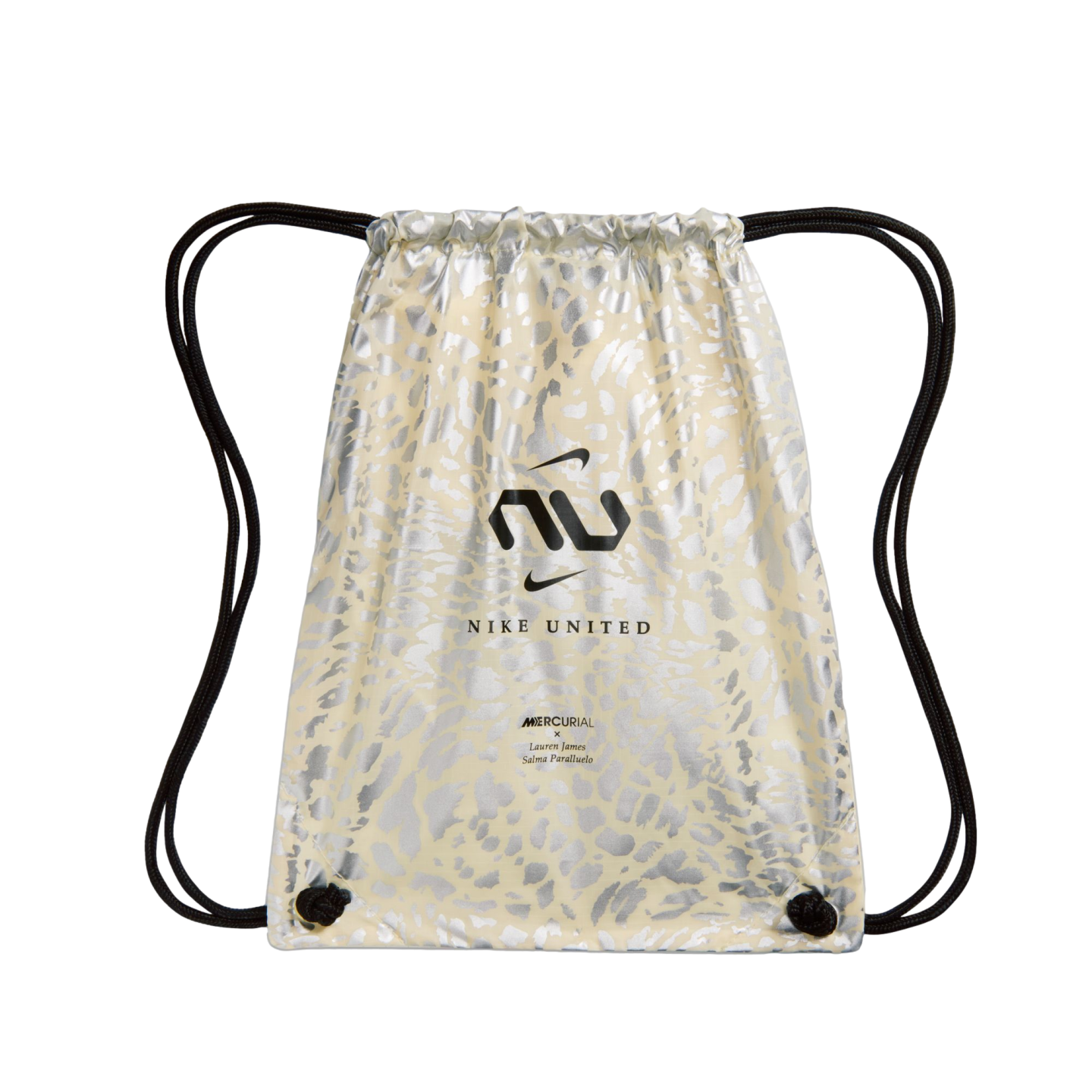 A cream-colored drawstring bag featuring a metallic silver animal print pattern. A black Nike United "NU" logo and two small Nike swooshes are printed in the center. Small text at the bottom reads "MERCURIAL x Lauren James Salma Paralluelo." The bag has black drawstring shoulder straps.