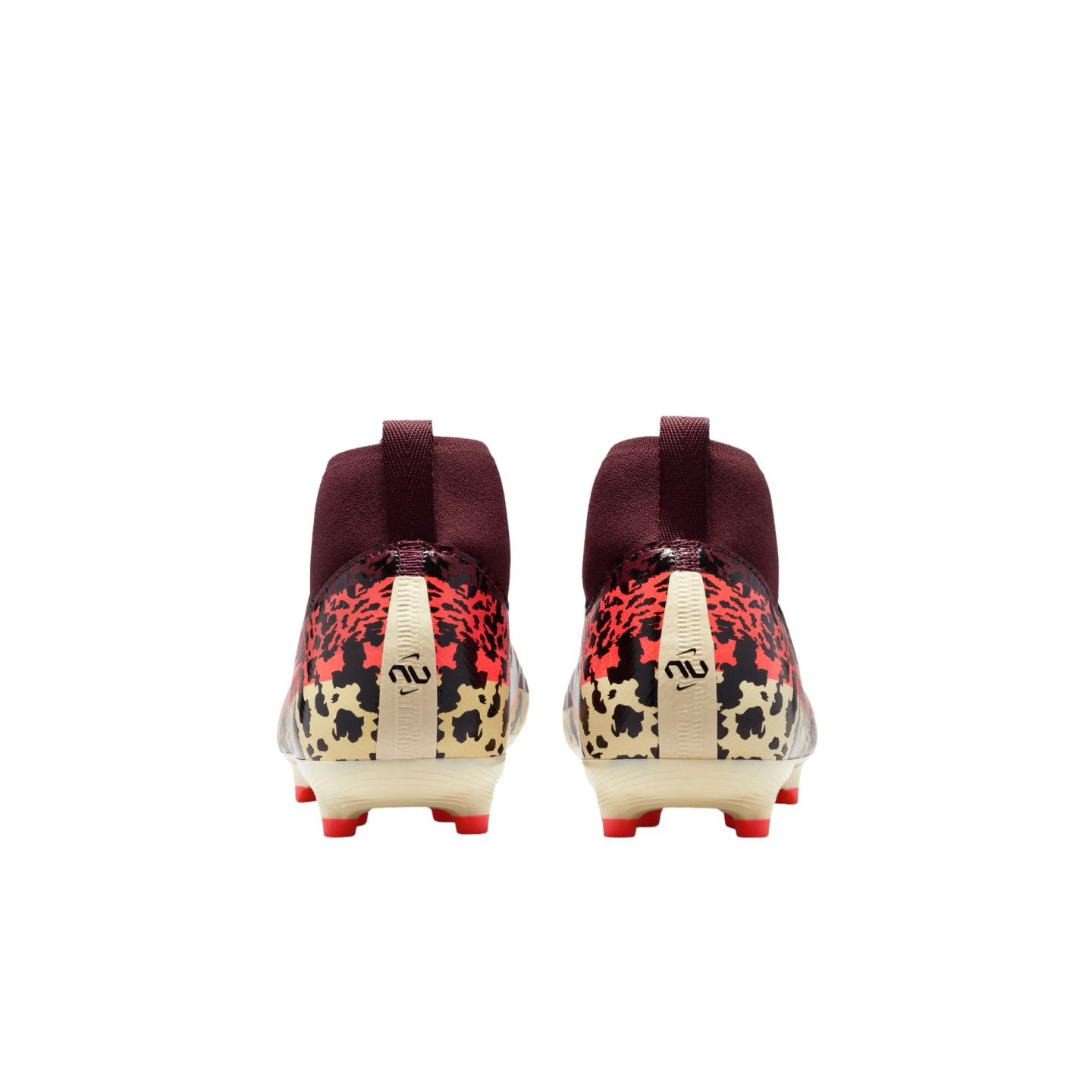 A rear view of a pair of high-top Nike soccer cleats against a black background. The cleats feature a vibrant leopard print in tan, black, and orange across the heel, topped with a deep maroon sock-like ankle collar. A cream-colored vertical strip on each heel displays a black stylized "NJ" logo. The soles are off-white with bright orange studs.