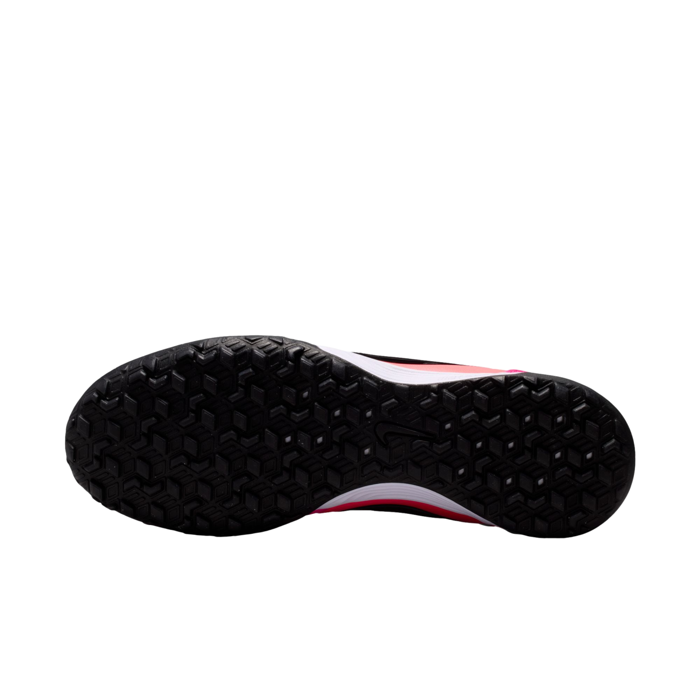 Black textured rubber outsole of a Nike shoe with a geometric grip pattern and pink and white midsole accents, shown against a white background.