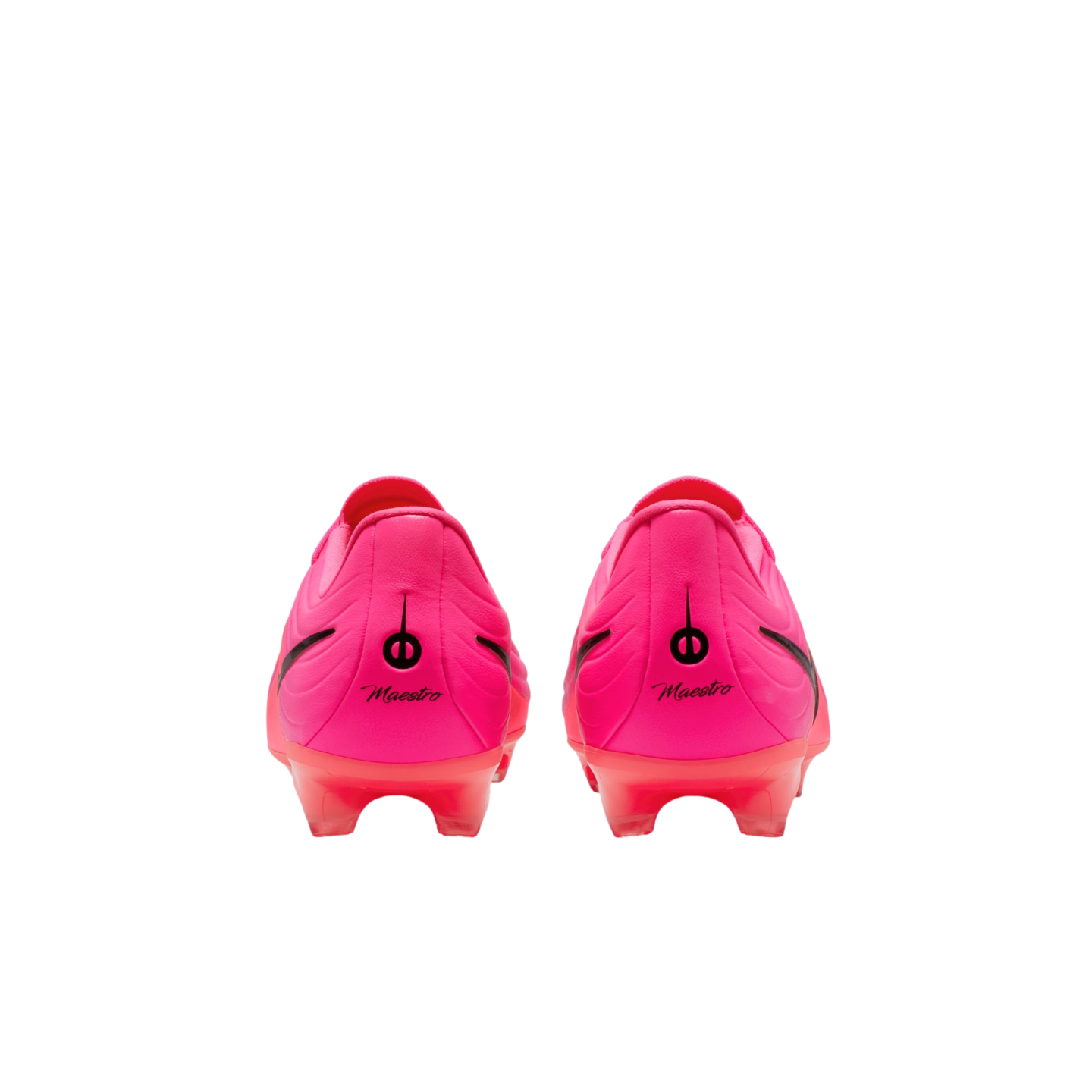 Rear view of bright pink soccer cleats with black "Maestro" branding on the heels, set against a plain white background.