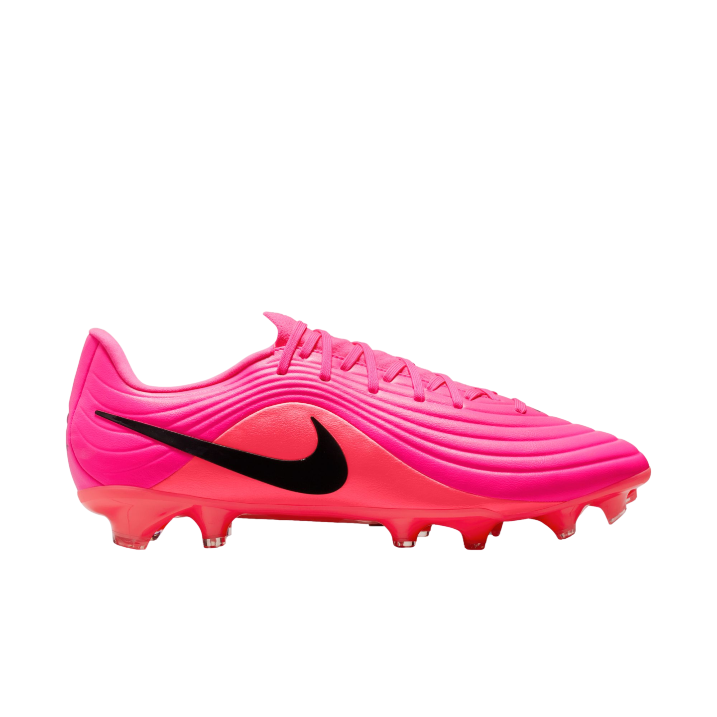 A bright pink Nike soccer cleat with a black swoosh logo on the side. It features a textured upper with wavy lines and a studded sole, shown against a plain white background.