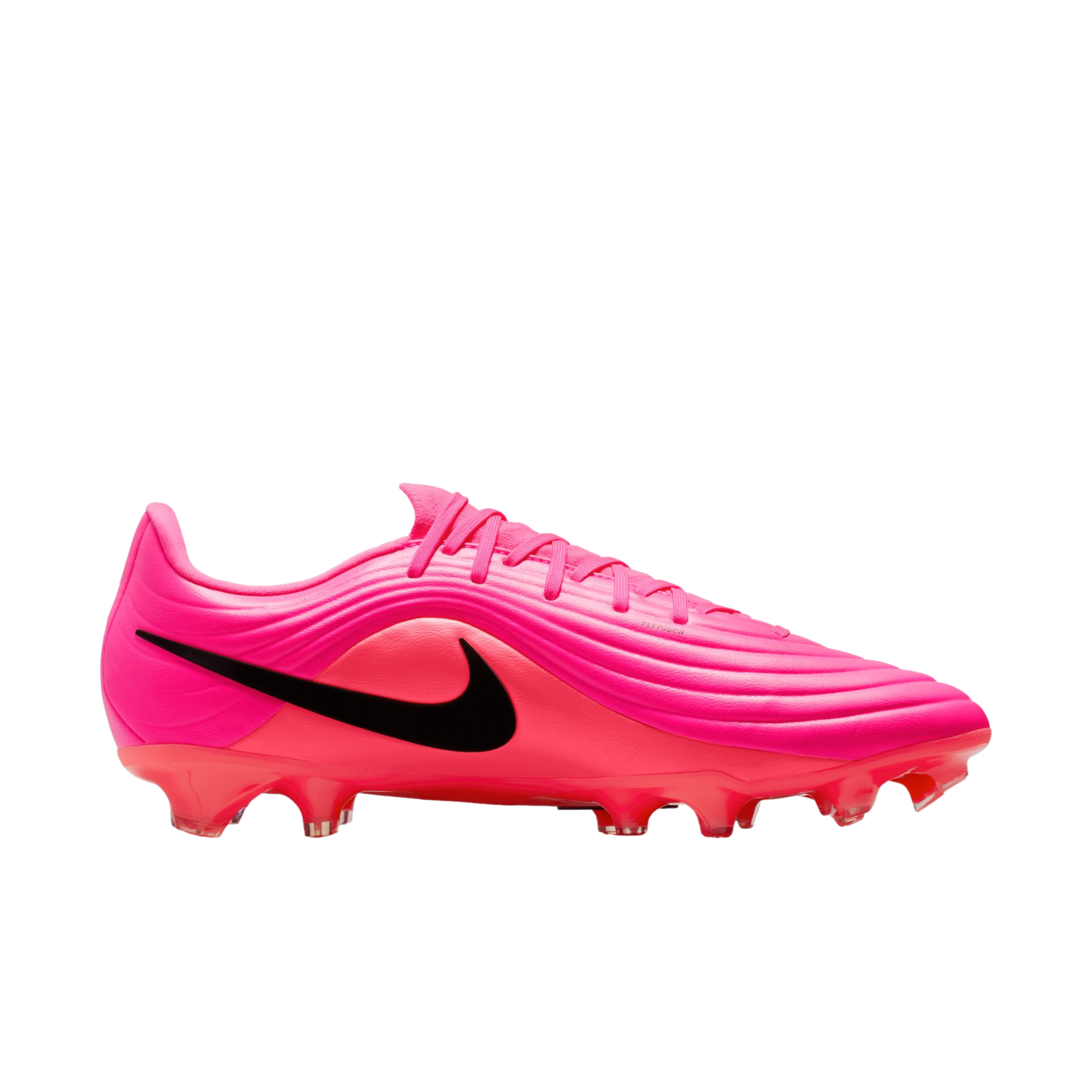 A bright pink Nike soccer cleat with a black swoosh, pink laces, and red-tinted studs, pictured against a white background.