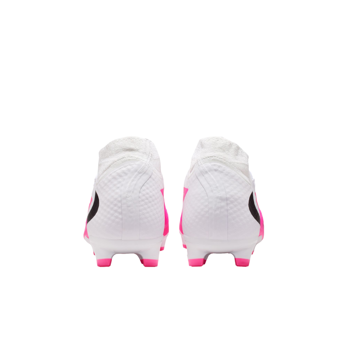 Back view of white soccer cleats featuring pink and black accents and pink studs, set against a plain white background.