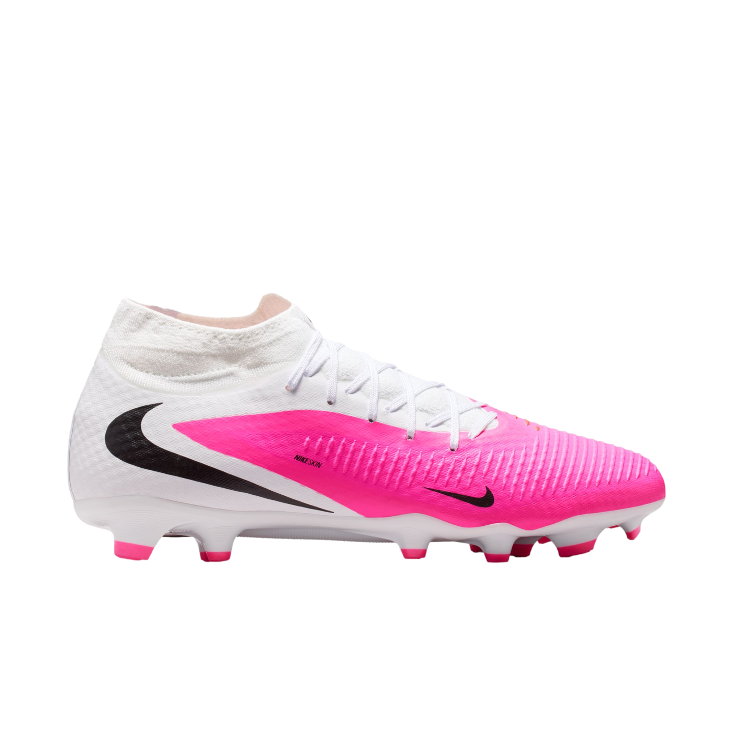 Profile view of a white and pink Nike soccer cleat with a black Swoosh, white laces, and a high-top collar against a white background.