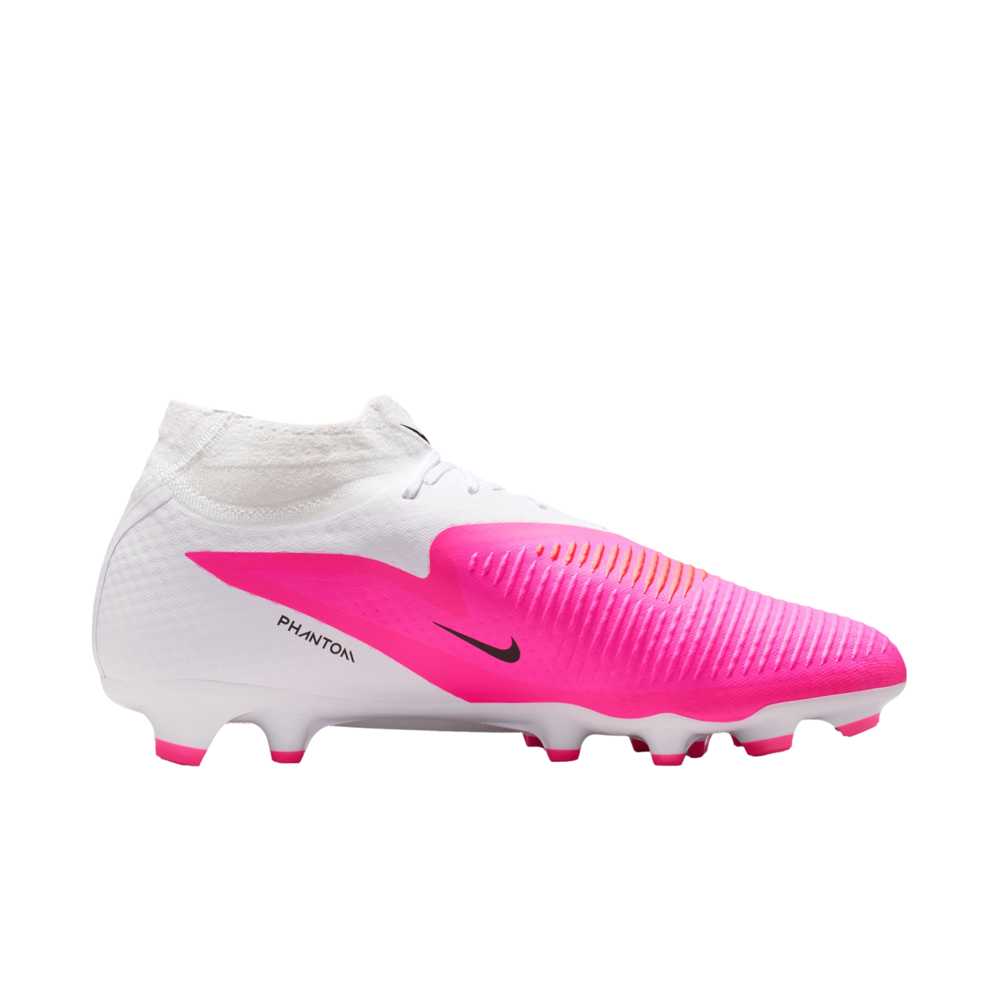 Side profile of a white and bright pink Nike Phantom soccer cleat featuring a textured fuchsia forefoot, integrated white sock collar, and black swoosh logo.