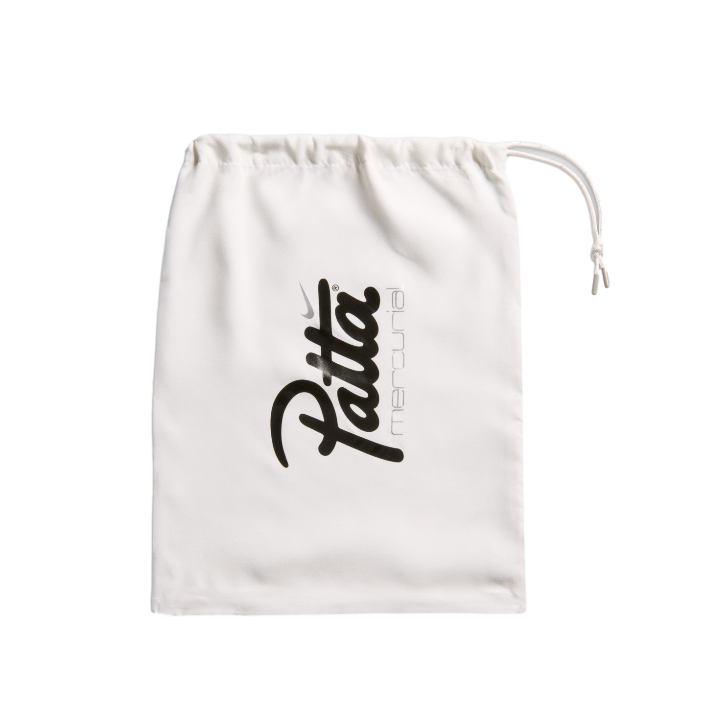 White drawstring bag featuring a black Patta script logo, Nike swoosh, and vertical "mercurial" branding against a black background.