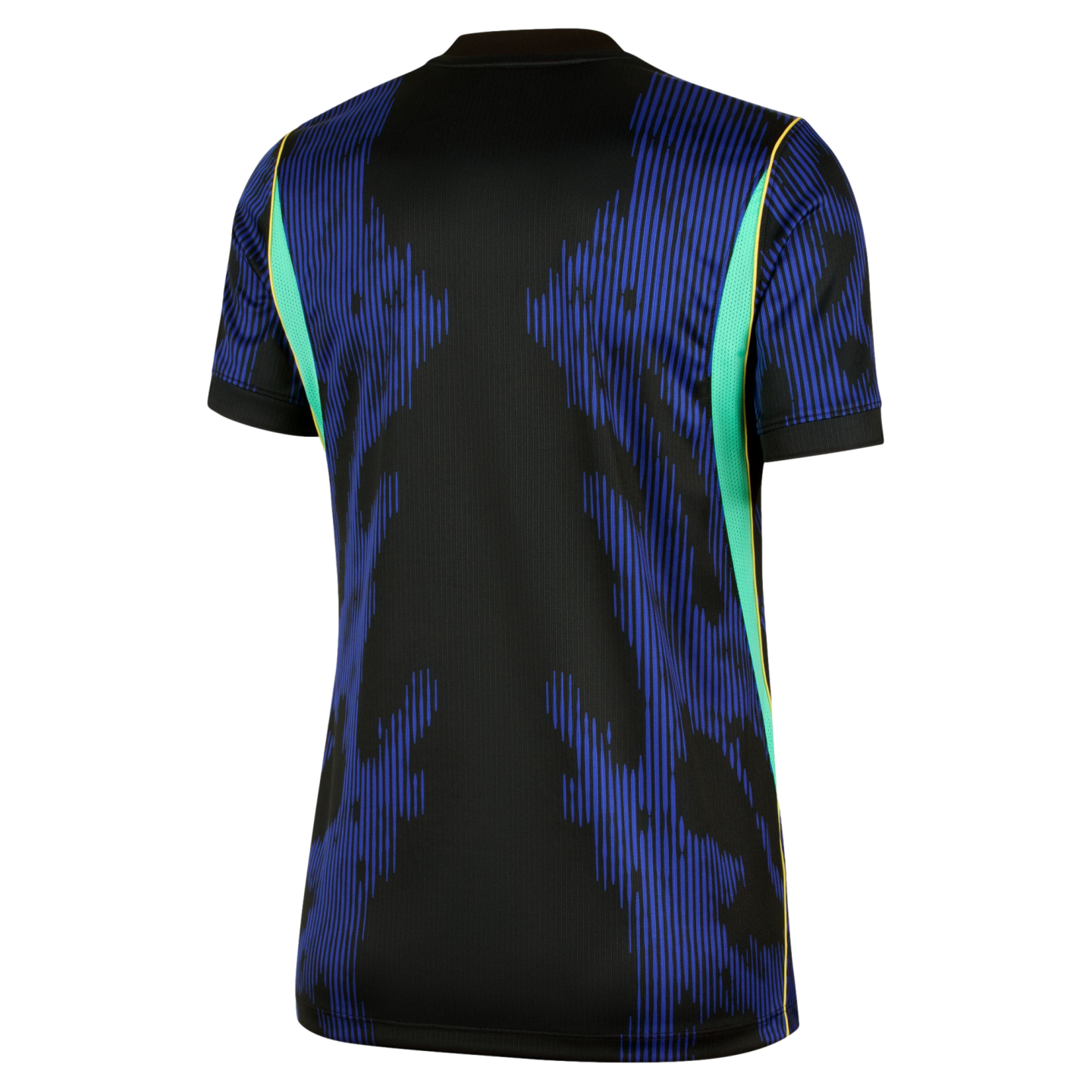 Rear view of a black short-sleeved sports jersey featuring blue pixelated vertical stripes and light green side panels.