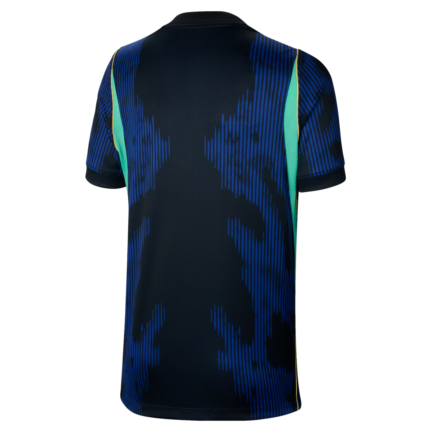 Back view of a navy sports jersey featuring bright blue vertical stripes in a jagged pattern, with neon green side panels and a black crew neck.