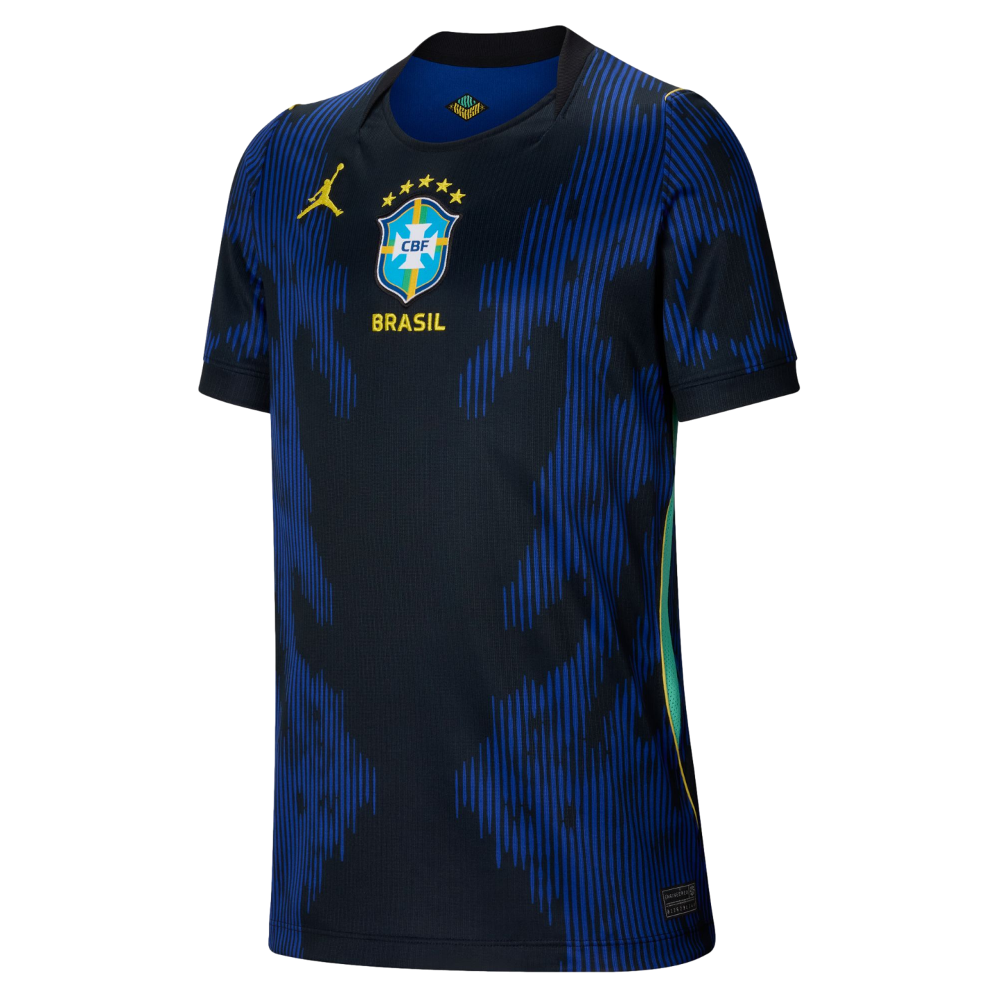 Navy Brazil football jersey featuring blue vertical stripe patterns, a central CBF team crest with five gold stars, and a yellow Jordan Jumpman logo on the chest.