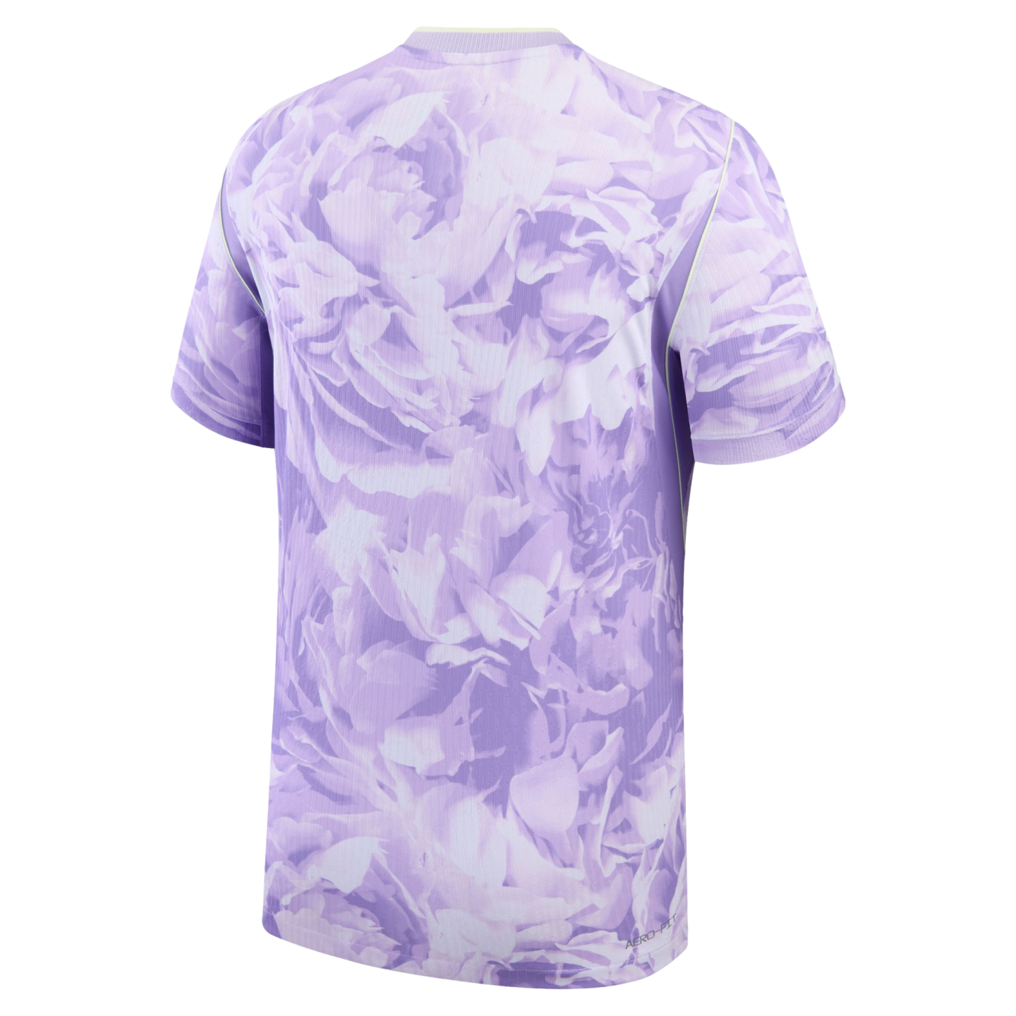 Back view of a short-sleeved athletic shirt with a large-scale lavender tonal floral print and subtle lime green trim along the shoulder seams.