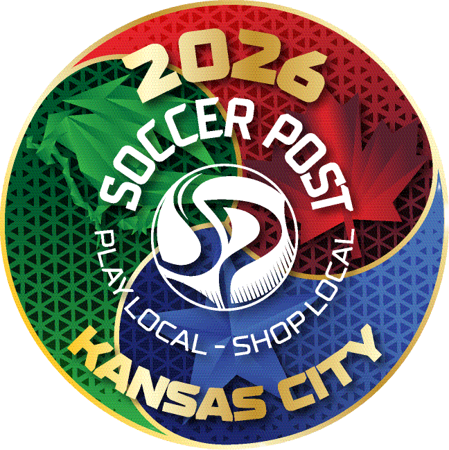 A circular logo for Soccer Post Kansas City themed for the 2026 World Cup. The background is divided into green, red, and blue sections representing the host nations of Mexico, Canada, and the USA, featuring a map, maple leaf, and stars respectively. A white stylized soccer ball icon sits in the center, surrounded by the text "SOCCER POST," "2026," "KANSAS CITY," and the slogan "PLAY LOCAL - SHOP LOCAL."