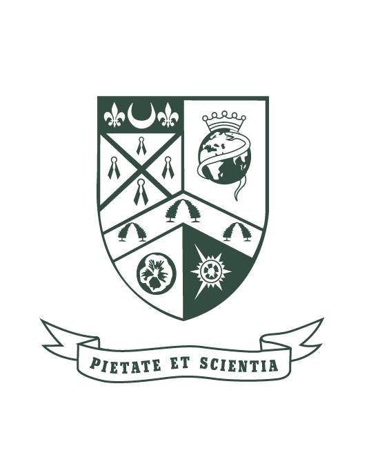 Green and white heraldic shield featuring a globe, fleur-de-lis, and compasses. A ribbon below displays the Latin motto "PIETATE ET SCIENTIA."
