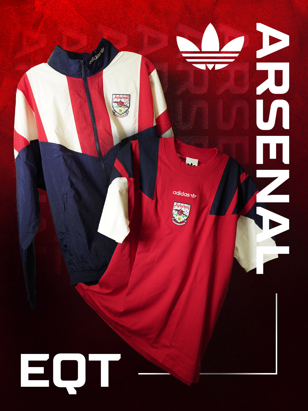 Adidas Arsenal EQT tracksuit featuring a red, white, and navy blue zip-up jacket and matching red short-sleeve shirt, displayed against a dark red background with white text and logos.