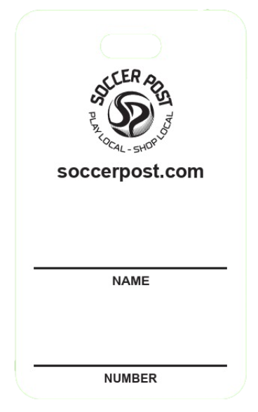 A white rectangular identification tag with rounded corners and a thin green border. At the top is a hole for a lanyard. The tag features the "Soccer Post" logo, which includes a circular "SP" emblem and the slogans "PLAY LOCAL" and "SHOP LOCAL." Below the logo is the website "soccerpost.com." The bottom half contains two horizontal lines with "NAME" and "NUMBER" printed underneath for handwritten information.