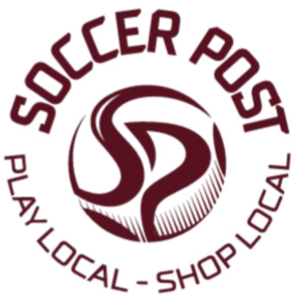 Circular maroon logo for Soccer Post featuring a stylized soccer ball with an SP monogram. Text reads "SOCCER POST" above and "PLAY LOCAL - SHOP LOCAL" below.