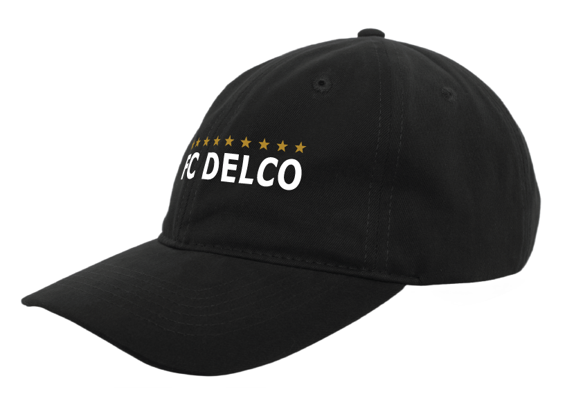 A black baseball cap featuring "FC DELCO" in white text on the front with a row of small gold stars above it.
