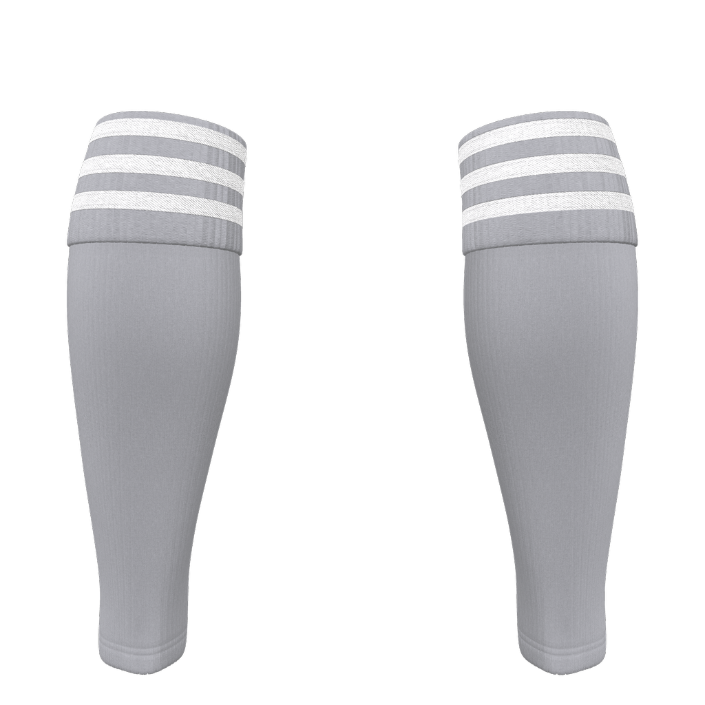 A pair of light gray athletic leg sleeves with three white horizontal stripes on the top cuff, isolated on a black background.