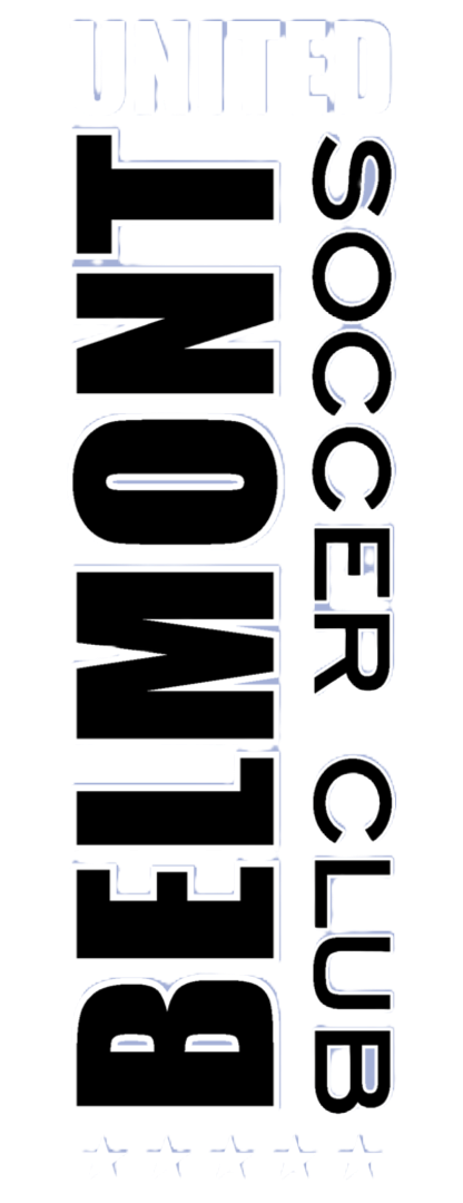 Vertical text logo for "UNITED BELMONT SOCCER CLUB." "BELMONT" is in large black block letters, with "SOCCER CLUB" beside it. Five faint stars are at the base.