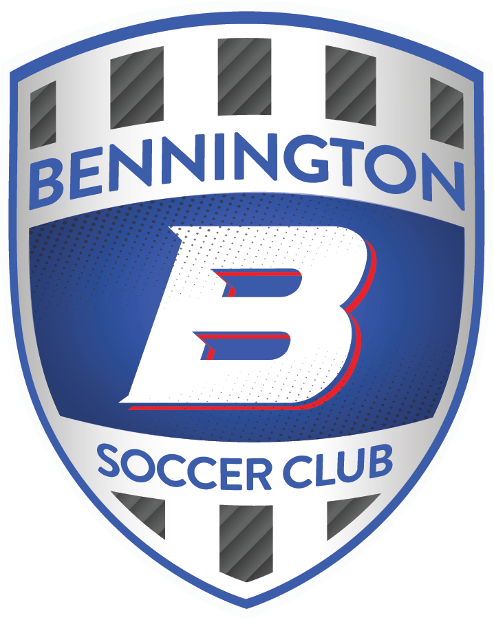 Shield-shaped logo for Bennington Soccer Club featuring a large stylized white "B" on a blue background, gray vertical stripes, and blue club name text.