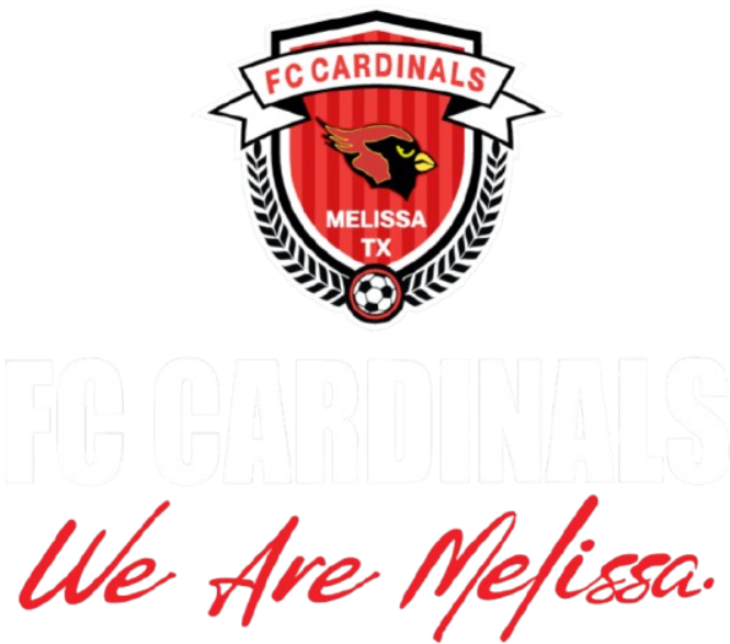 FC Cardinals logo with a cardinal head and soccer ball. Below, text reads "FC CARDINALS" followed by the red script slogan "We Are Melissa."