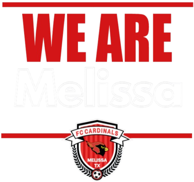 Graphic featuring bold text "WE ARE Melissa" above an FC Cardinals soccer logo with a cardinal head, soccer ball, and "MELISSA TX" text.