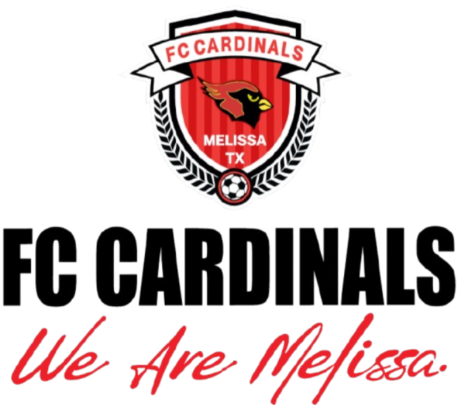 FC Cardinals soccer club logo from Melissa, TX, with a cardinal head on a shield above the text "FC CARDINALS" and the red slogan "We Are Melissa."