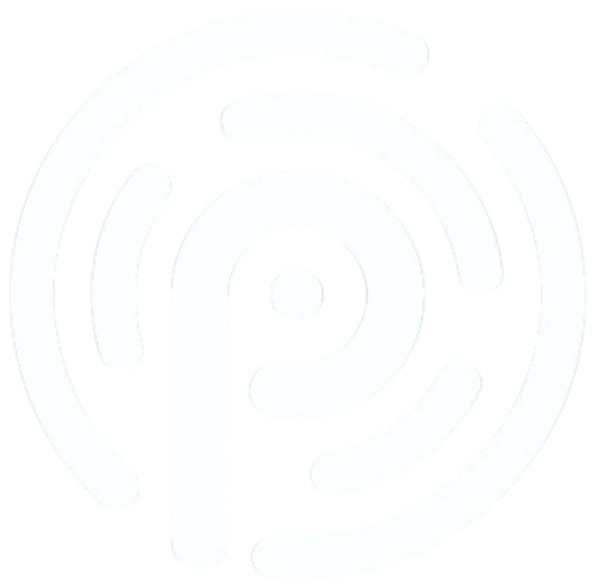 Stylized white letter 'P' logo on a black background, surrounded by broken concentric circles resembling a fingerprint pattern.
