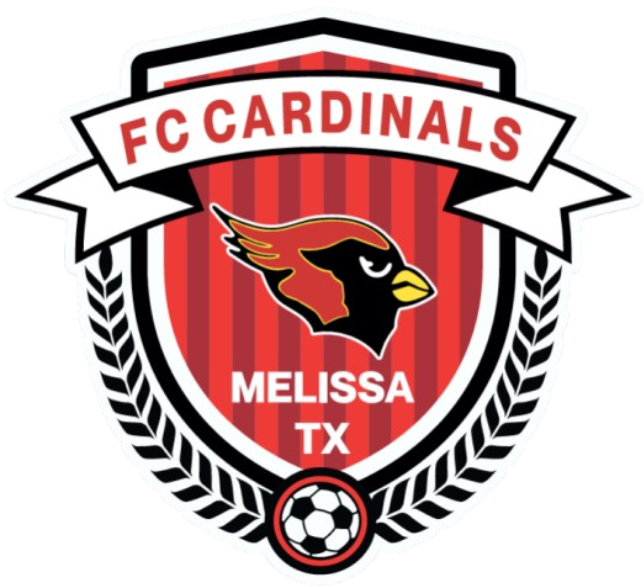 Logo for FC Cardinals of Melissa, Texas, featuring a cardinal head on a red and black striped shield, framed by a laurel wreath and a soccer ball.