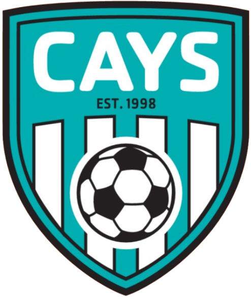 A shield-shaped logo for "CAYS" featuring a teal background and black border. Large white text reading "CAYS" sits above the smaller text "EST. 1998". The bottom half consists of vertical teal and white stripes with a centered black and white soccer ball.