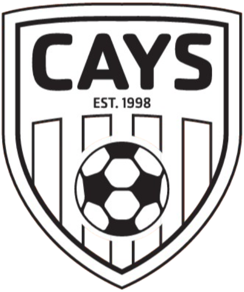 A black and white shield-shaped sports logo for CAYS, featuring the text "CAYS EST. 1998" above a soccer ball and vertical stripes.