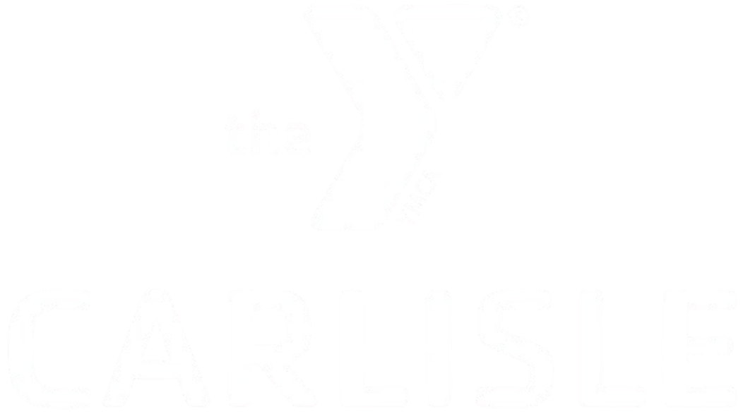 A white logo on a black background for the Carlisle Family YMCA, featuring the "the Y" symbol above the word "CARLISLE" in large, bold, uppercase letters.