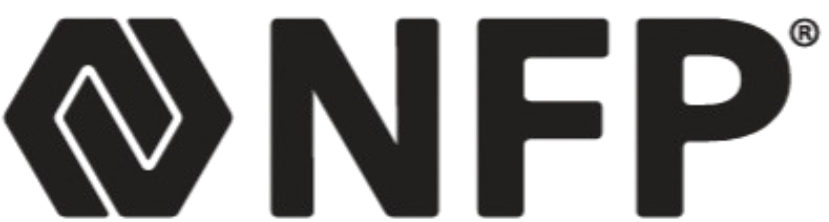 NFP logo featuring a stylized hexagonal icon followed by the capital letters "NFP" in a bold black sans-serif font.