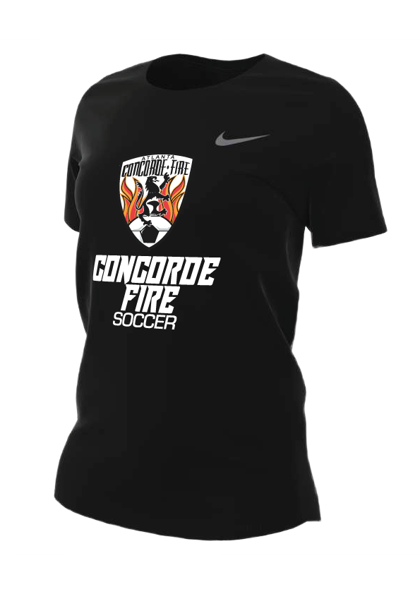 A black Nike t-shirt featuring the Atlanta Concorde Fire soccer club logo and name in white text on the chest.