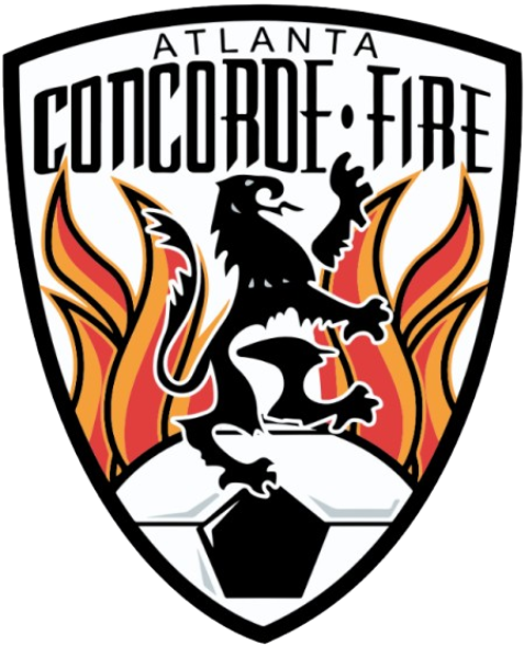 A shield-shaped logo for the Atlanta Concorde Fire, featuring a black griffin standing on a soccer ball against a background of stylized orange and red flames. The text "ATLANTA" and "CONCORDE • FIRE" is written across the top.