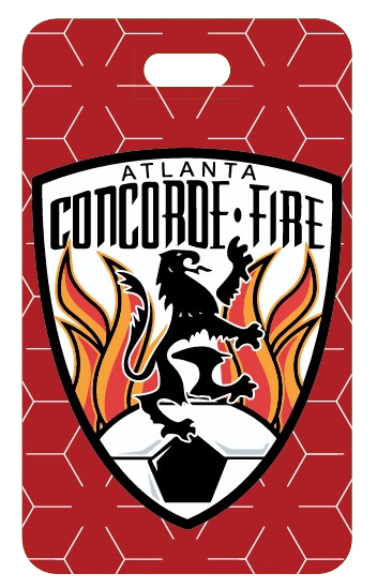 A red rectangular tag with rounded corners and a white geometric hexagon pattern. Centered is a shield logo reading "ATLANTA CONCORDE FIRE" in black stylized font. The logo features a black silhouette of a lion rampant standing on a soccer ball, with orange and yellow flames in the background.