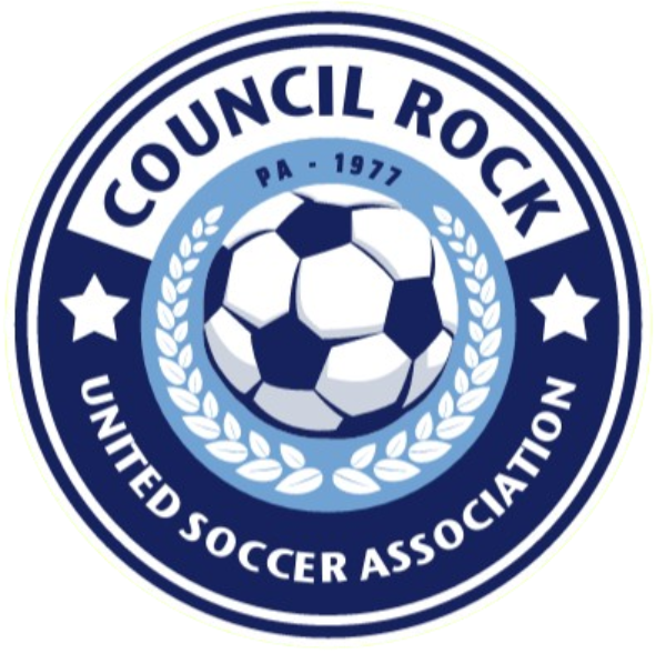 Council Rock United Soccer Association logo: a navy and light blue circular crest featuring a central soccer ball surrounded by a wreath and the organization's name.