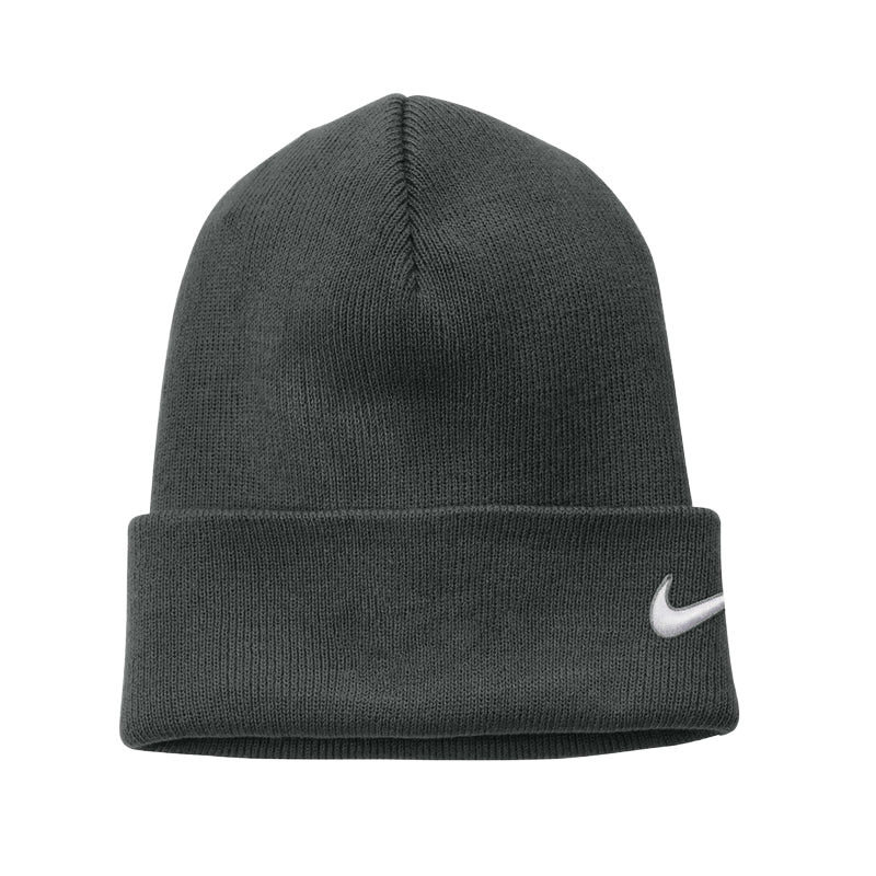 A charcoal gray knit beanie with a folded cuff and a small white Nike swoosh logo embroidered on the side.