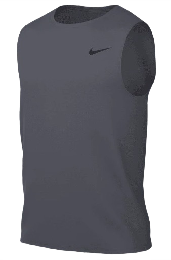 Charcoal gray Nike sleeveless muscle shirt with a small black swoosh on the upper left chest.