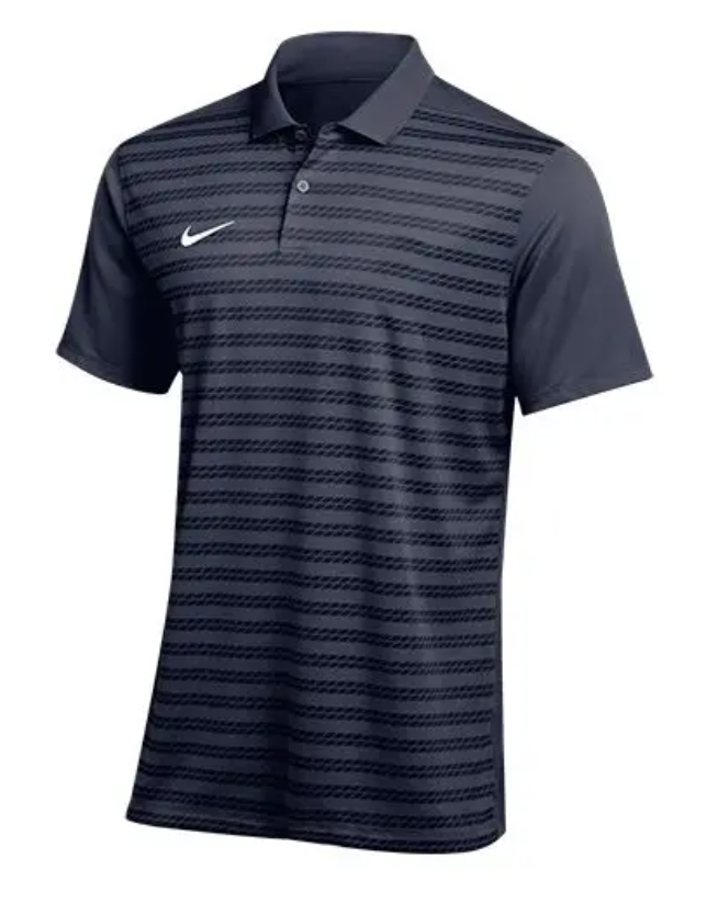 A charcoal gray short-sleeve Nike polo shirt with textured horizontal stripes on the body, solid gray sleeves, and a white swoosh logo on the left chest.