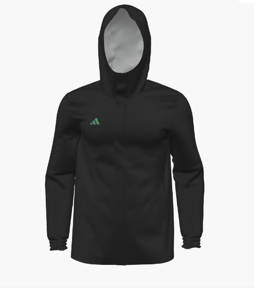 Front view of a black Adidas hooded jacket on a mannequin, with a green logo and grey mesh hood lining.