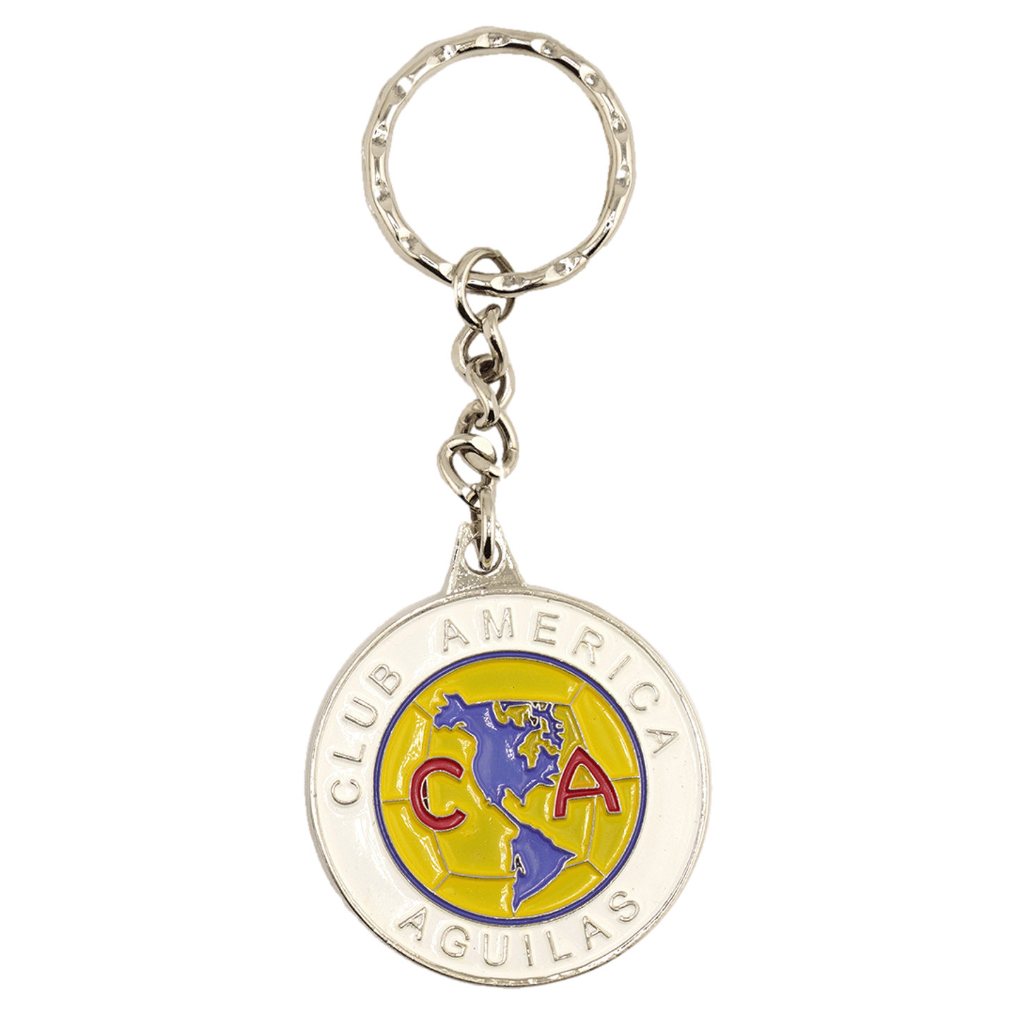 Silver keychain with a circular pendant featuring the Club América logo: a blue map on a yellow background, red "CA" letters, and the text "CLUB AMERICA AGUILAS".
