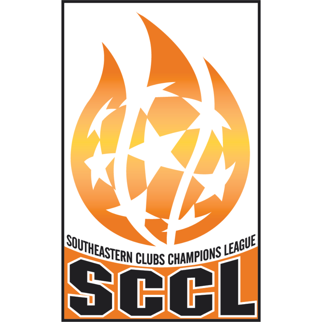 A logo for the Southeastern Clubs Champions League (SCCL) featuring a stylized soccer ball composed of white stars and engulfed in orange and yellow flames. The league's full name is written in black text above the large, bold SCCL acronym at the bottom.