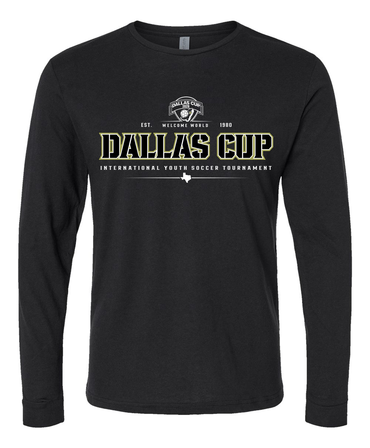 A black long-sleeved t-shirt featuring a centered graphic for the "Dallas Cup International Youth Soccer Tournament." The design includes the tournament's name in large, bold, black letters with a gold outline, a small crest logo at the top, and a white silhouette of Texas at the bottom.