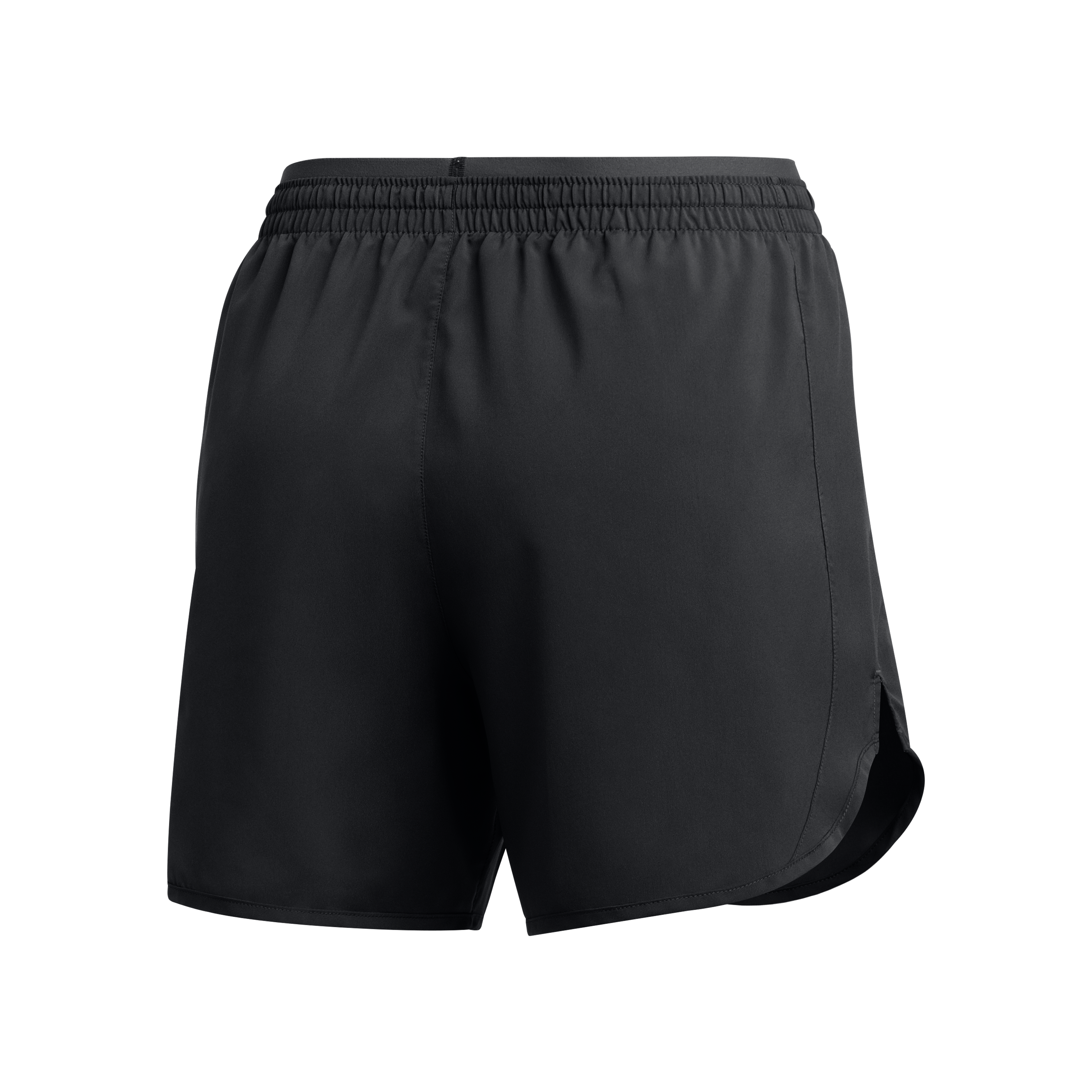 Back view of black athletic shorts with an elastic waistband and side slits.