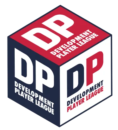 Cube-shaped logo for Development Player League (DPL) in red, white, and navy. Each face shows the letters "DP" and the full league name.