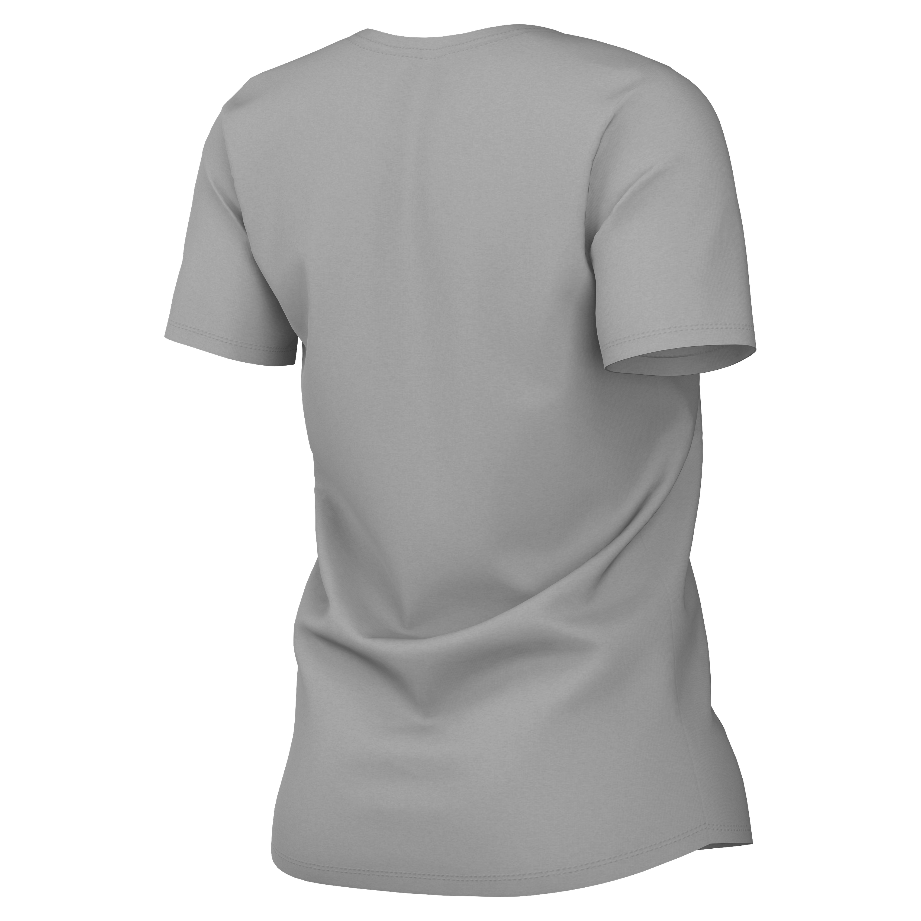 Rear view of a plain grey short-sleeved t-shirt against a solid black background.